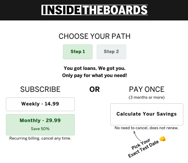 A screenshot from the sign up process on account.insidetheboards.com